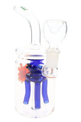 Clear Hemper Jellyfish Jar glass bong with blue jellyfish tree perc, angled mouthpiece and 14.5 mm bowl on a white background.