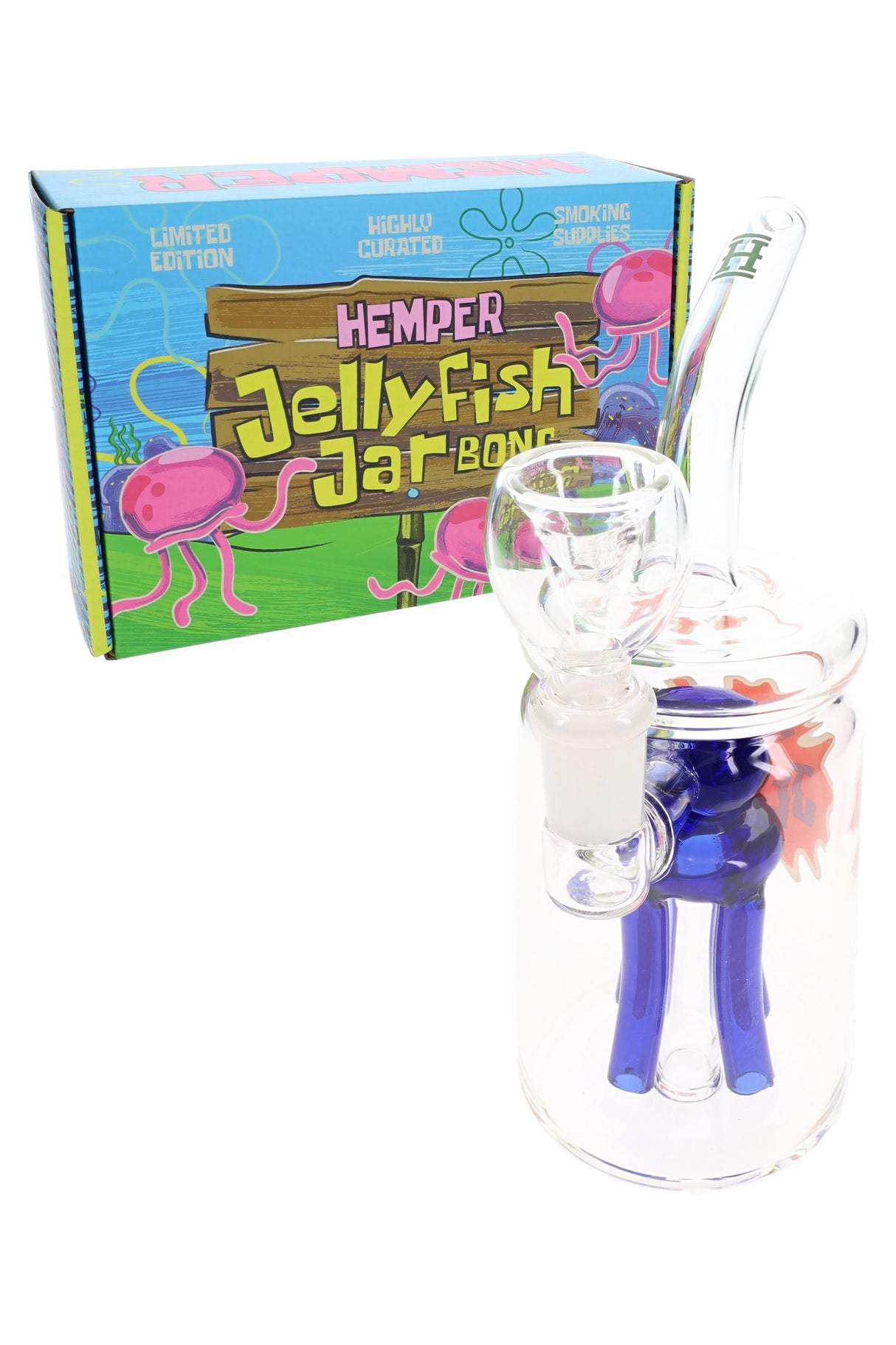 Hemper Jellyfish Jar glass bong in blue displayed beside bright cartoon Jellyfish Jar Bong box, showcasing shelf-ready packaging.