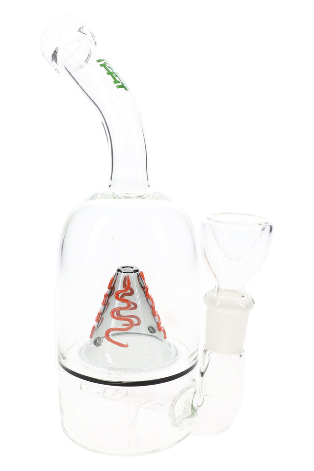 Clear 7-inch Hemper Volcano glass bong with orange lava cone, inline perc, curved mouthpiece and 14.5 mm bowl on white background.
