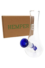 Hemper 7-inch vase glass bong with blue downstem displayed in front of brown Hemper logo box, ready-for-gifting glass bong setup.