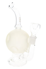 Frosted white Hemper Full Moon 7-inch glass bong with cratered sphere chamber, bent neck and clear 14 mm bowl on a round base.