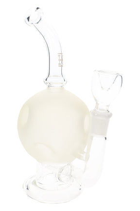 Frosted white Hemper Full Moon 7-inch glass bong with cratered sphere chamber, bent neck and clear 14 mm bowl on a round base.