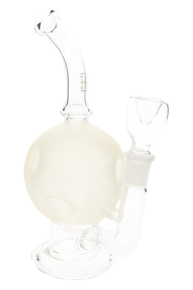 Frosted white Hemper Full Moon 7-inch glass bong with cratered sphere chamber, bent neck and clear 14 mm bowl on a round base.