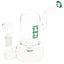 Clear 7-inch Hemper bell glass bong with green logo and bent neck, wide base and matching green-accent bowl on white background.
