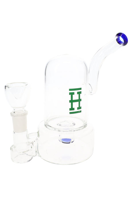 Hemper 7-inch bell bong with clear dome and blue-accent mouthpiece, compact glass water pipe with side-mounted bowl on white.