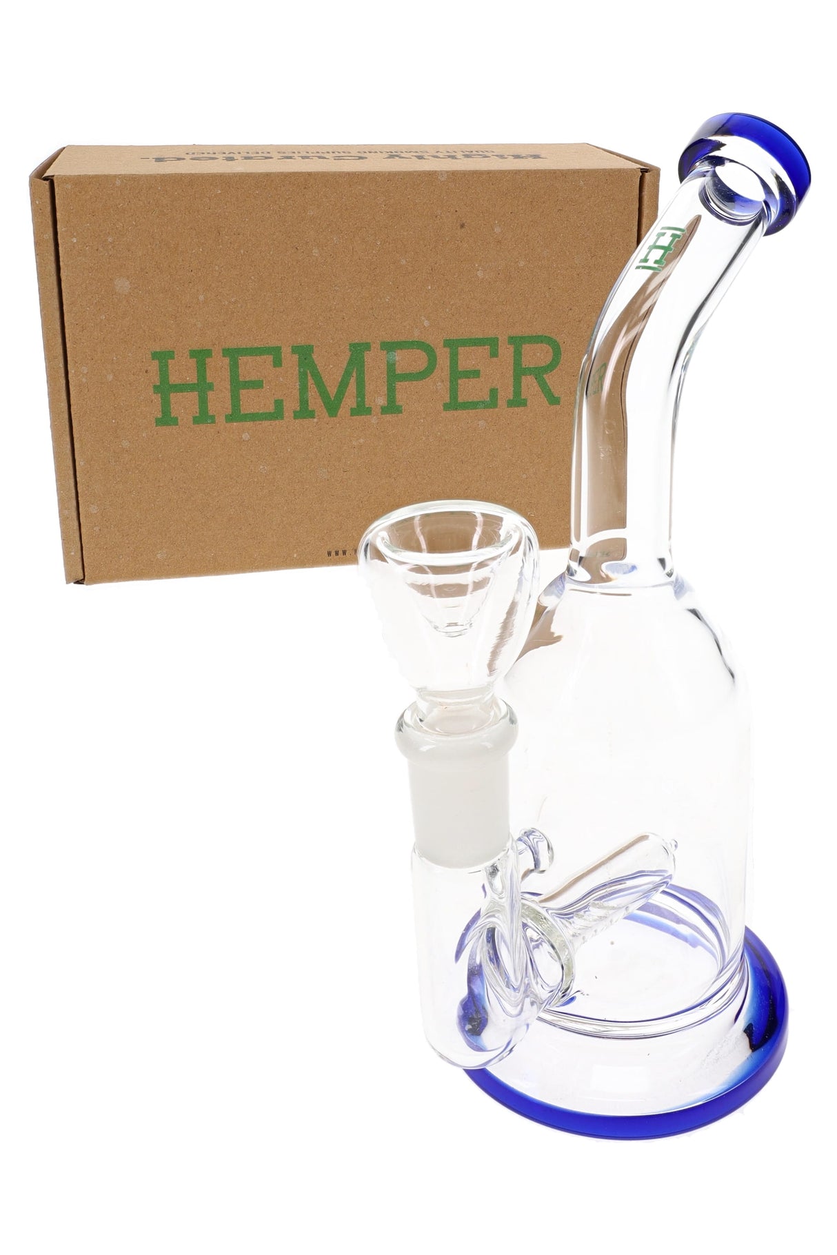 Hemper Whistler 6½ inch glass bong displayed in front of brown Hemper box, showing bent neck, inline perc and included bowl.