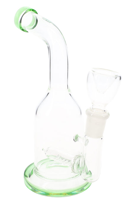 Clear Hemper Whistler glass bong with green-accent mouthpiece and base, straight bottle body and side-mounted 14 mm joint.