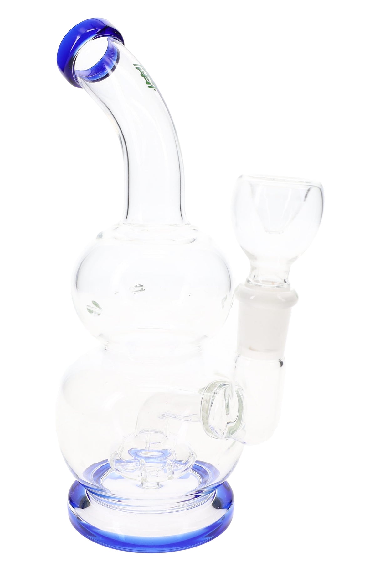 Hemper 6-inch Tornado Vortex bong with blue accents, globe chamber and showerhead perc on white background.