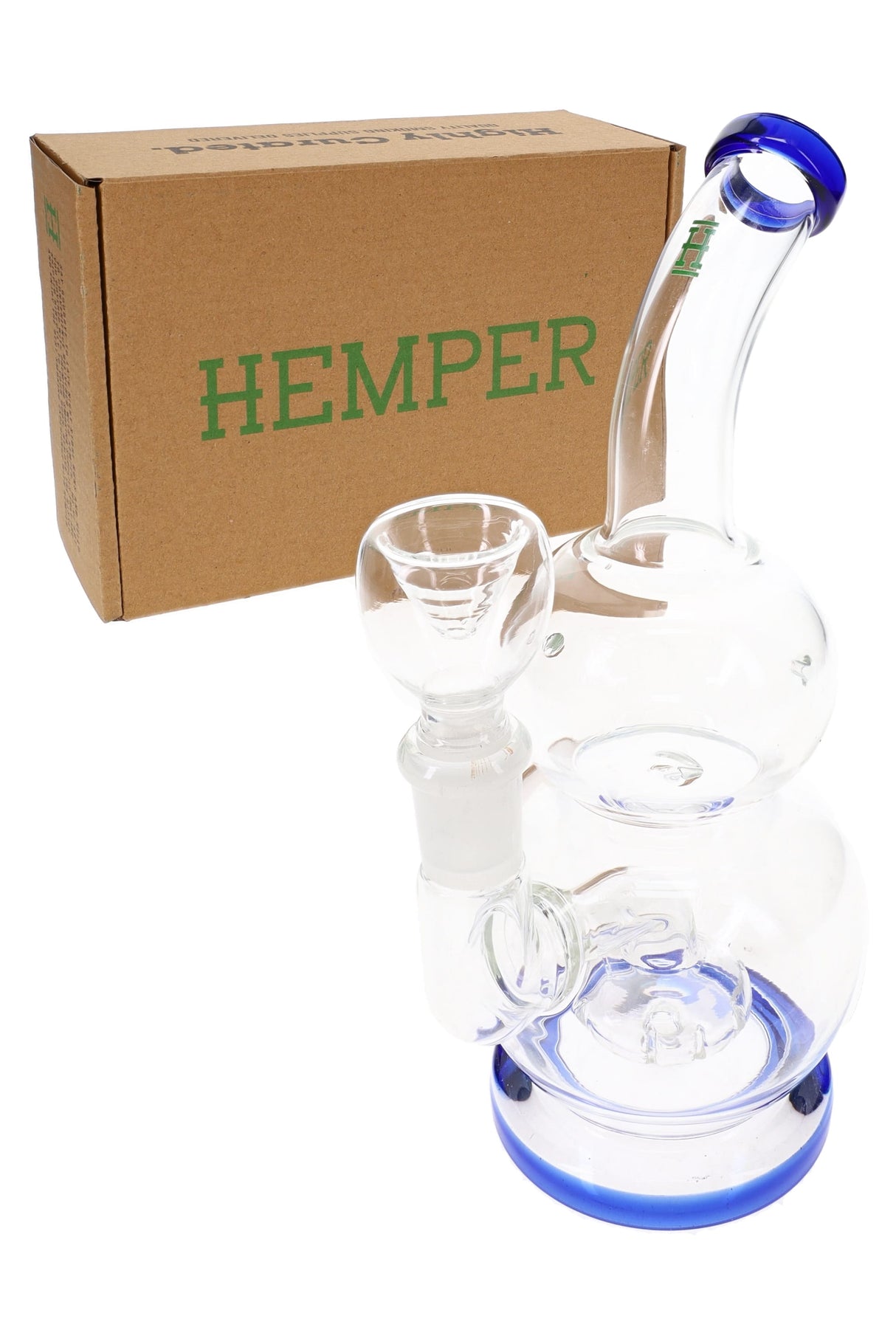 Hemper Tornado Vortex 6-inch glass bong in front of Hemper branded box, ready for retail display.