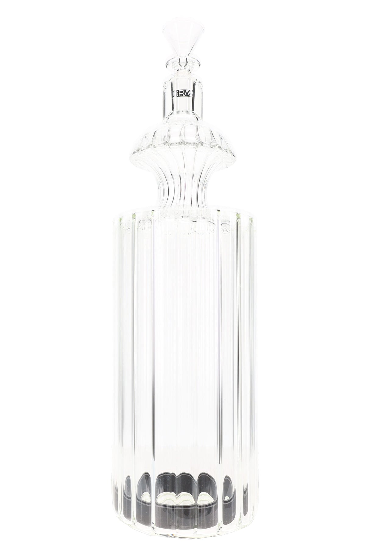 Clear 11-inch GRAV Monarch glass gravity bong with scalloped decanter body and stopper style mouthpiece on white background.