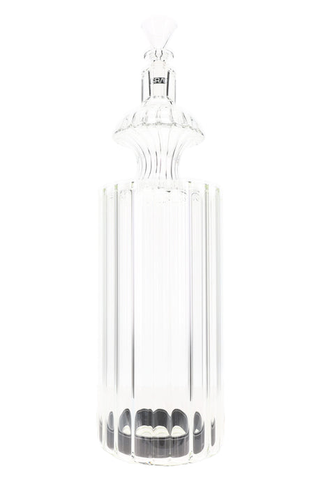 Clear 11-inch GRAV Monarch glass gravity bong with scalloped decanter body and stopper style mouthpiece on white background.