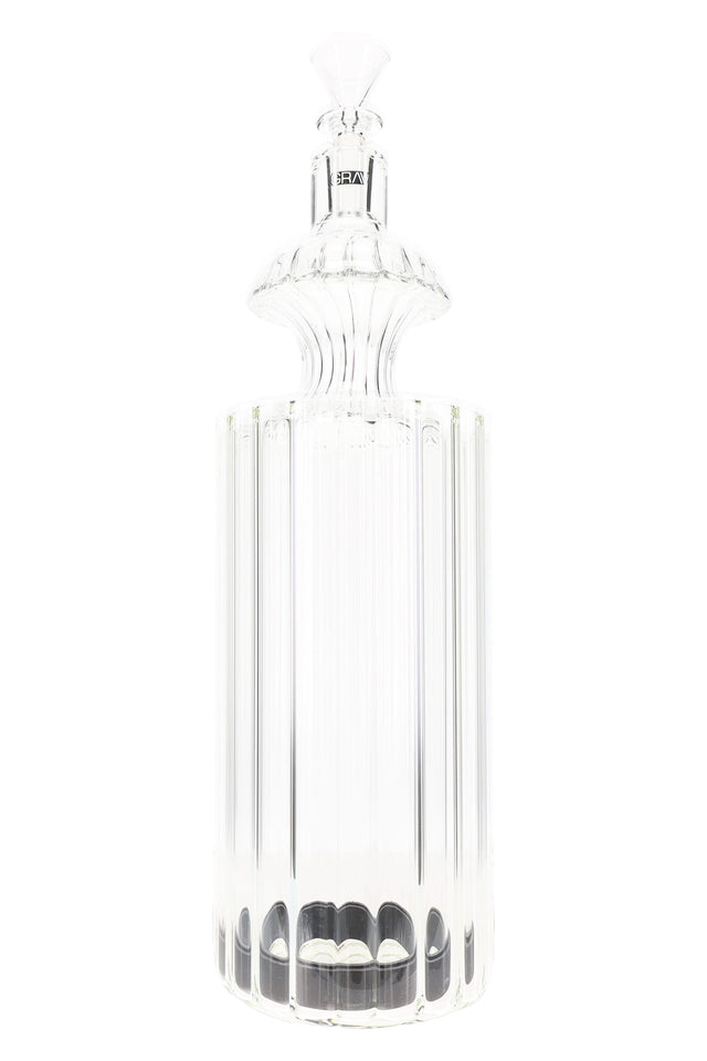 Clear 11-inch GRAV Monarch glass gravity bong with scalloped decanter body and stopper style mouthpiece on white background.