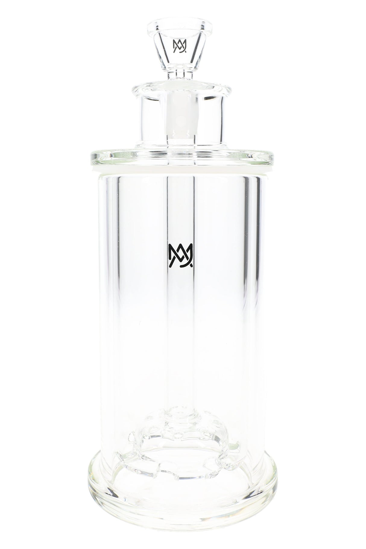 Front view of MJ Arsenal Piston glass gravity bong, clear borosilicate body with disc perc and thick base.