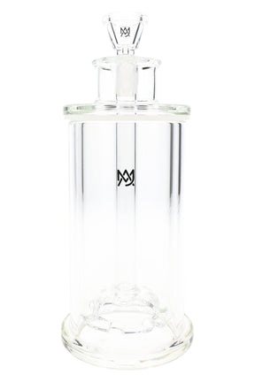Front view of MJ Arsenal Piston glass gravity bong, clear borosilicate body with disc perc and thick base.