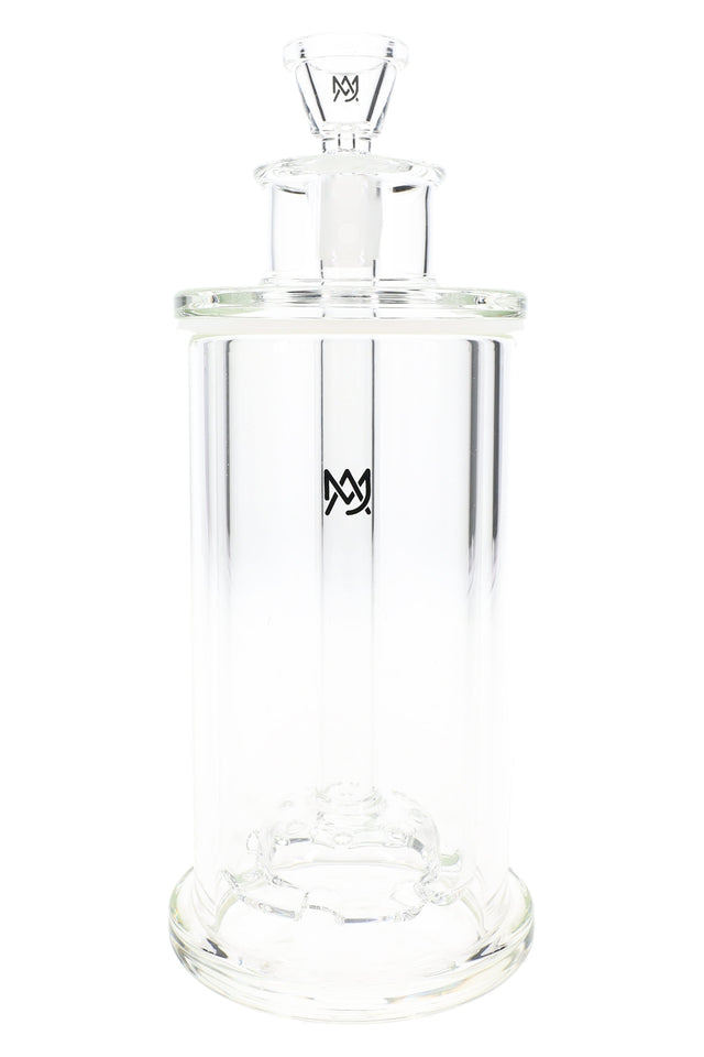 Front view of MJ Arsenal Piston glass gravity bong, clear borosilicate body with disc perc and thick base.
