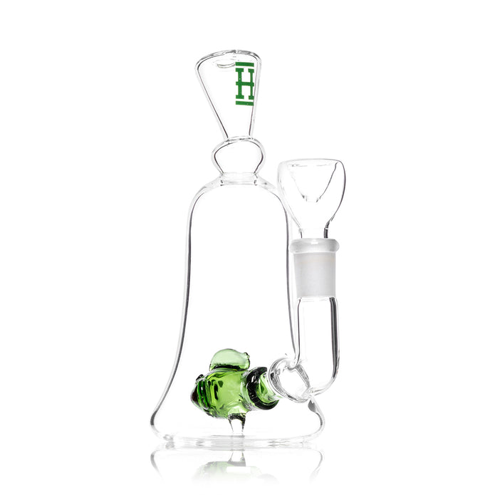 Side angle of clear Hemper fish bong showing green fish percolator detail and 14.5 mm female stemless joint