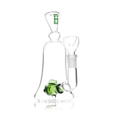 Side angle of clear Hemper fish bong showing green fish percolator detail and 14.5 mm female stemless joint