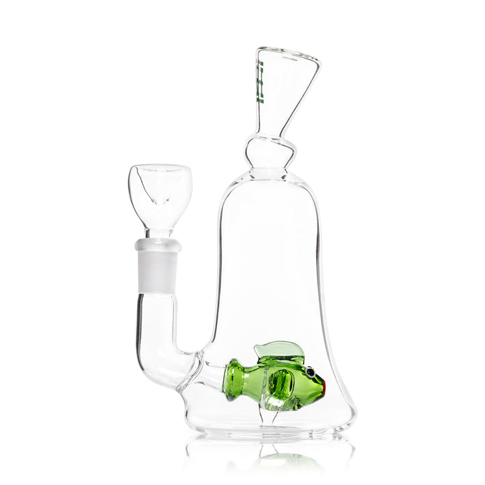Close view of 6″ fish perc glass bong highlighting green fish diffuser and sturdy flared base for stable tabletop use