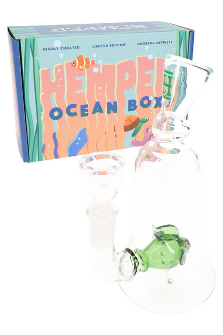 Hemper “Ocean Box” packaging with clear 6″ fish perc glass bong and 14.5 mm bowl, compact gift-ready set