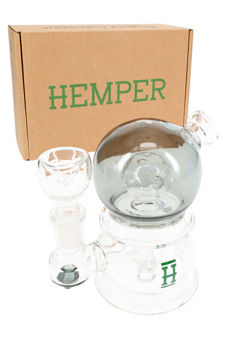 Hemper Fortune Box packaging with clear 5″ crystal ball perc glass bong and 14.5 mm bowl, compact gift-ready set