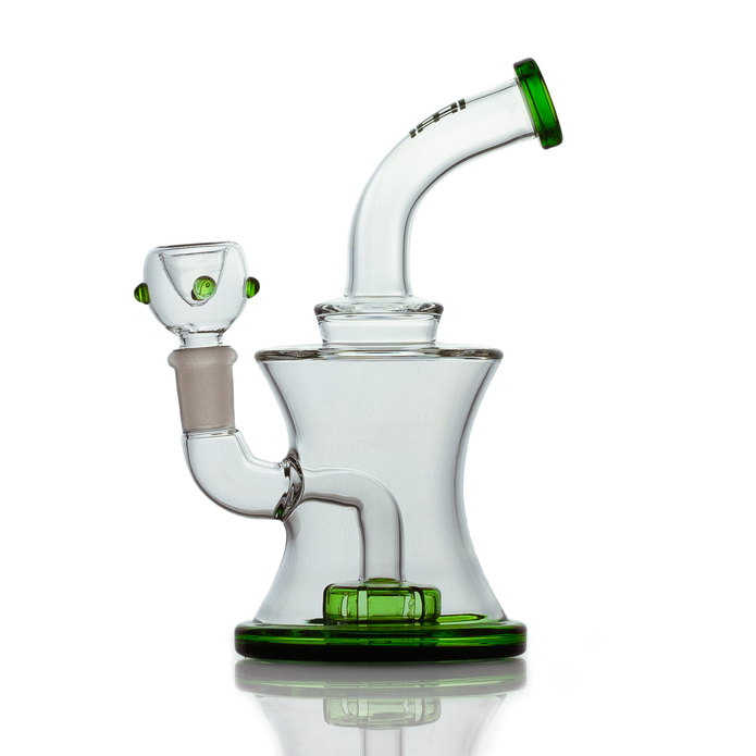 Side profile of 7″ hourglass glass bong showing 14.5 mm female joint and stemless shape, compact daily driver