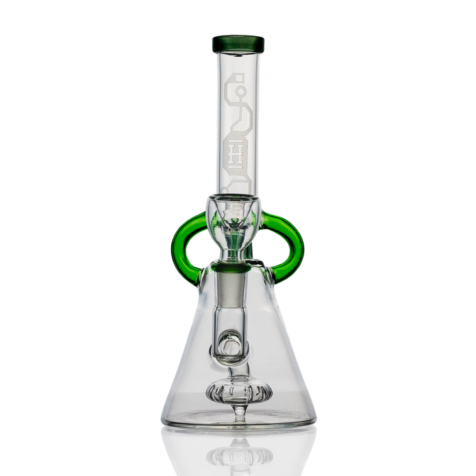 Angled view of Cyberpunk glass bong showing green handle accent, stemless base, and 14.5 mm female joint detail