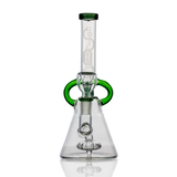 Angled view of Cyberpunk glass bong showing green handle accent, stemless base, and 14.5 mm female joint detail