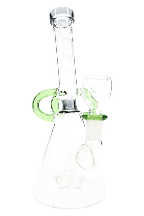 Front view of 7″ Hemper Cyberpunk glass bong with colored uptake tubes and 14.5 mm bowl, stemless compact build