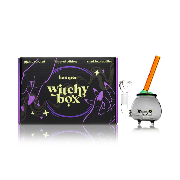Witchy Box next to compact cauldron glass bong and bowl, giftable retail set with footed base and glow accents