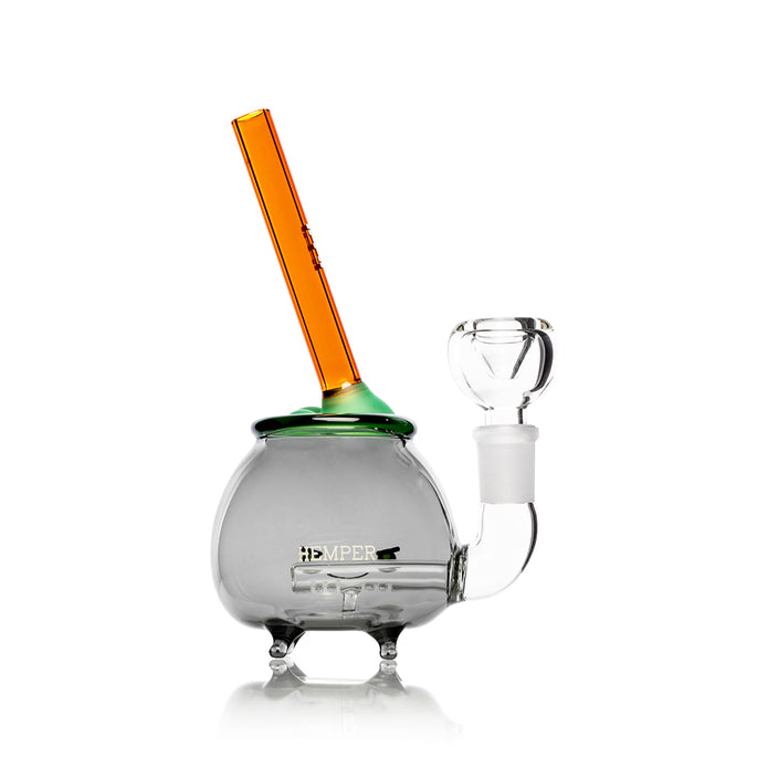Side profile of Hemper cauldron bong highlighting inline percolator, stemless 14.5 mm female joint, and stable feet