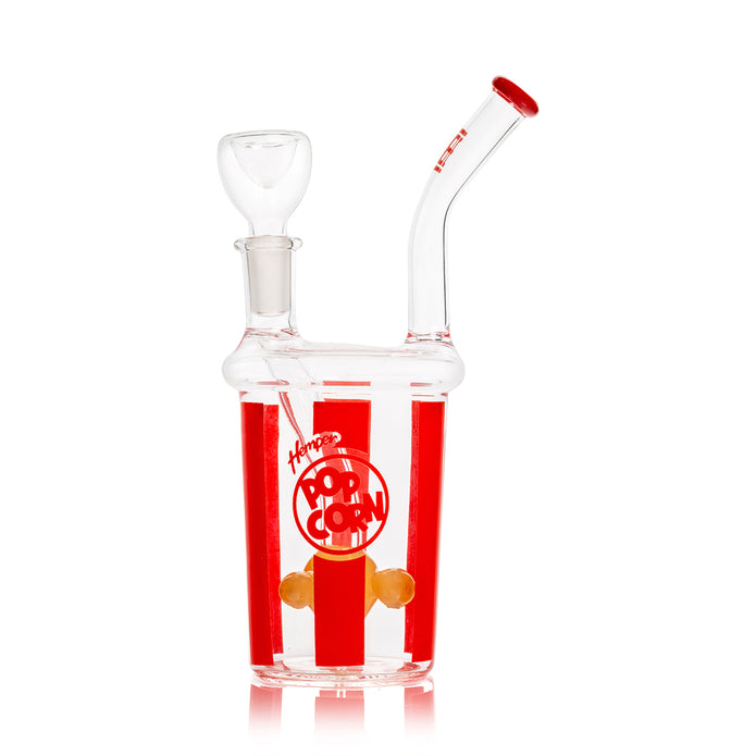 Side angle of popcorn bong showing kernel details, inline percolator, and stable flared base, 14.5 mm bowl included
