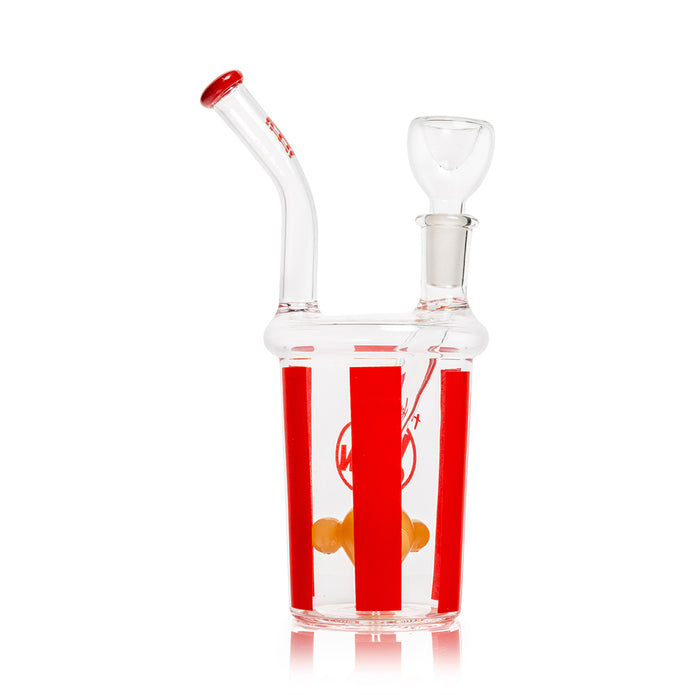 Close-up of popcorn-themed glass bong highlighting red stripe graphics and inline perc inside clear chamber for diffusion