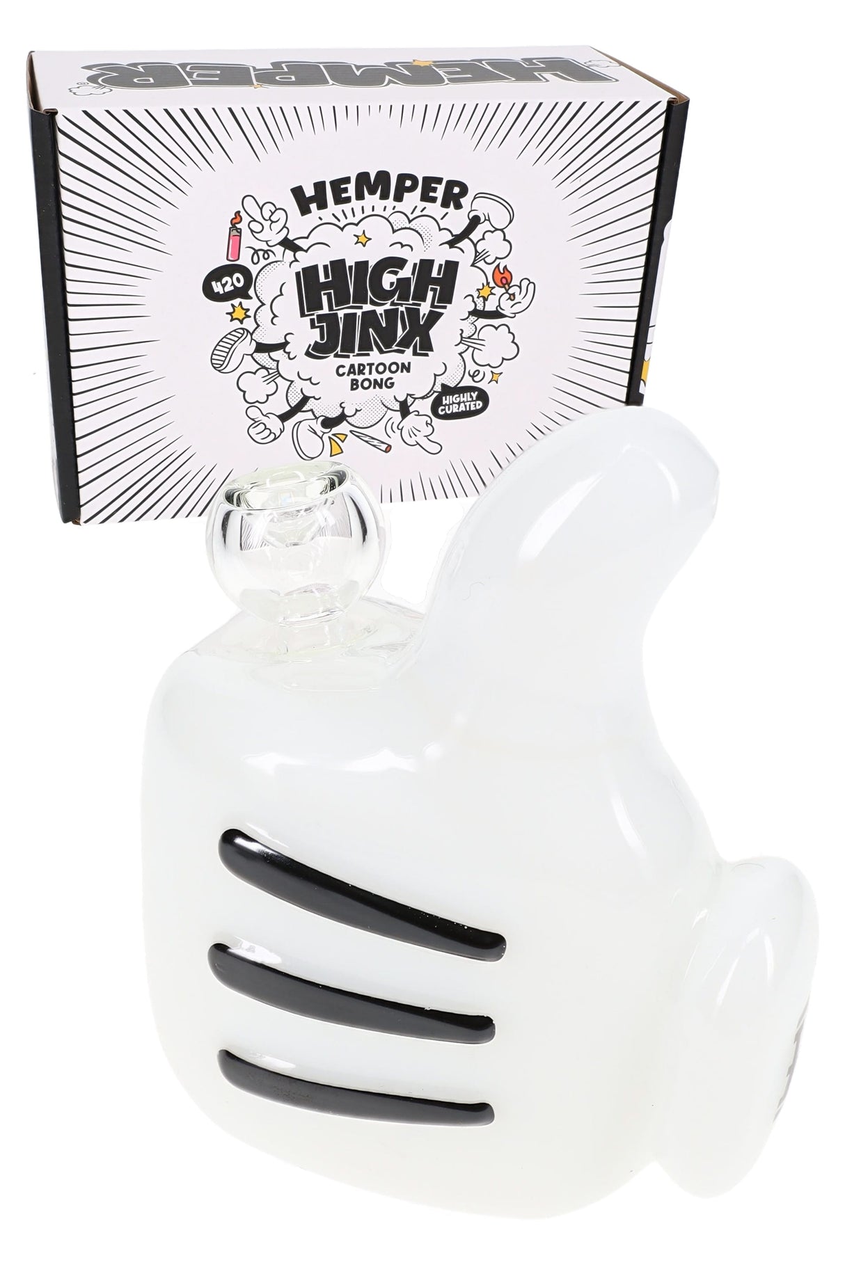 Hemper High Jinx retail box with 5.5″ cartoon glass bong and matching 14.5 mm bowl, compact black-and-white set