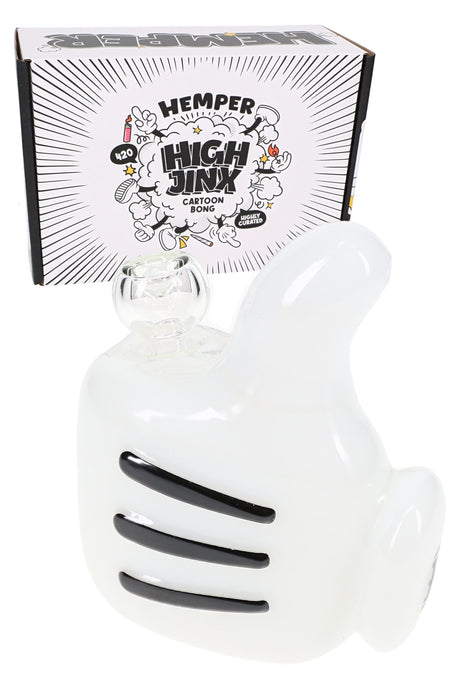 Hemper High Jinx retail box with 5.5″ cartoon glass bong and matching 14.5 mm bowl, compact black-and-white set