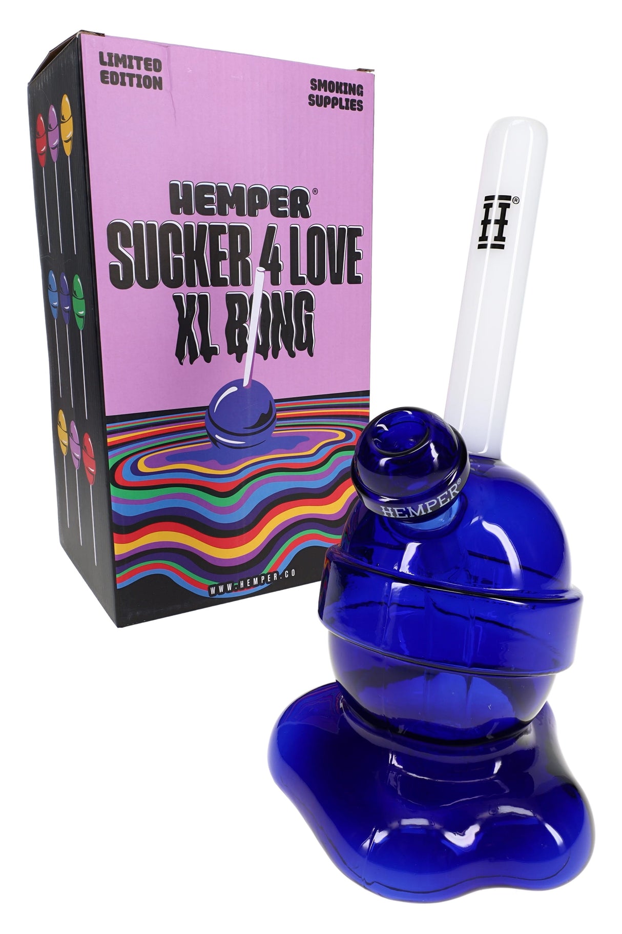 Hemper “Sucker 4 Love” XL retail box with 9″ lollipop glass bong and matching 14.5 mm bowl, candy-themed set