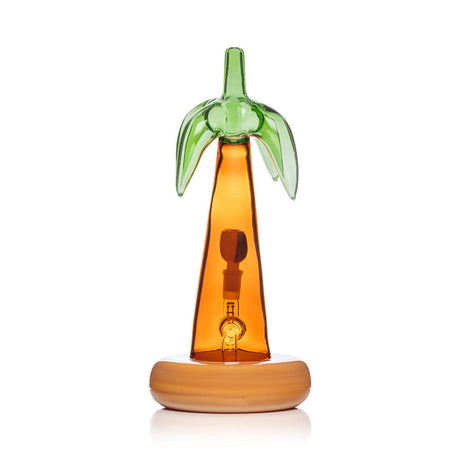 Rear view palm tree bong highlighting green fronds top and amber trunk over opaque sand base, 10.5″ statement piece