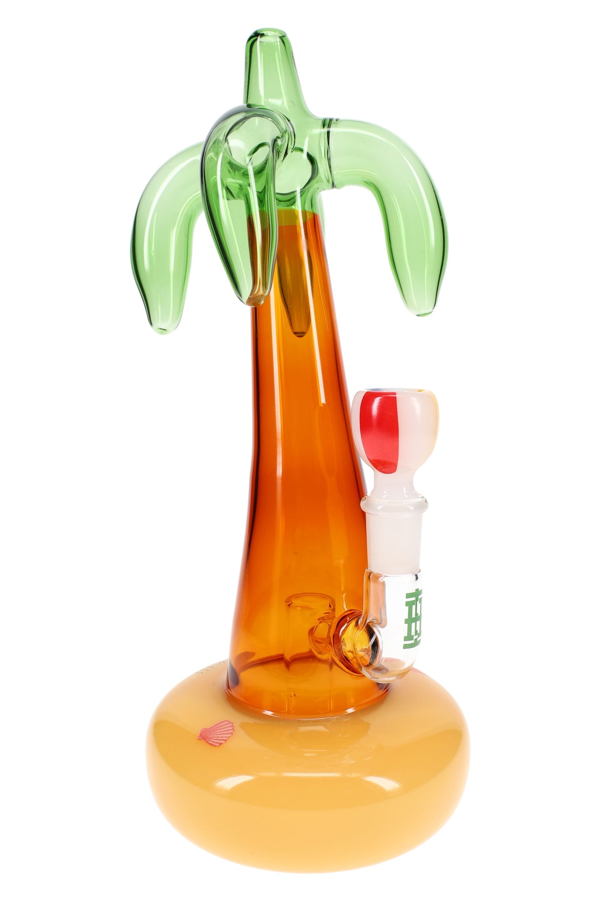 Front view palm tree glass bong with green fronds top and beach-ball bowl installed, 10.5″ tall novelty water piece