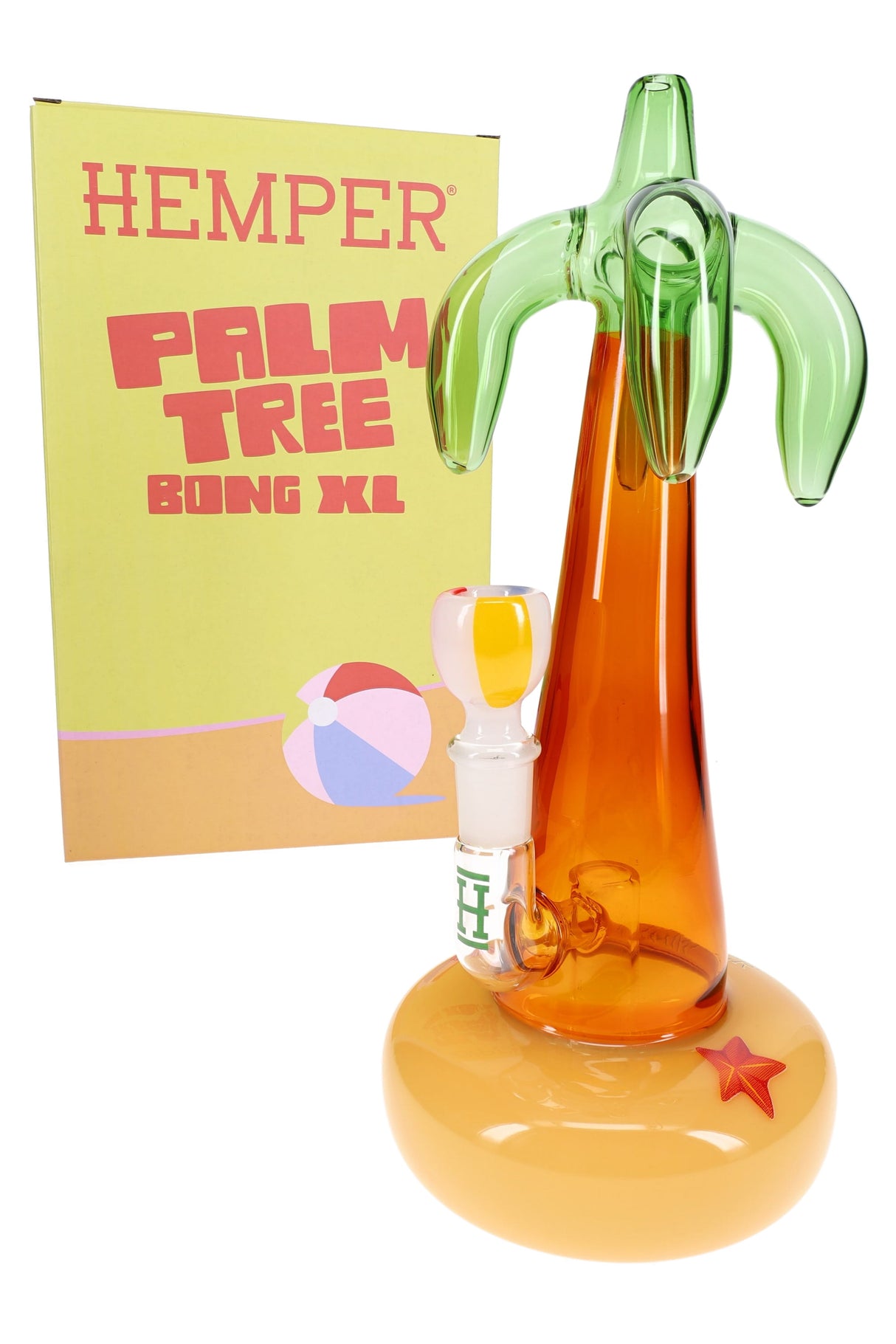 Palm tree glass bong with Hemper box, 10.5″ amber trunk and green fronds on sand base, beachy display piece