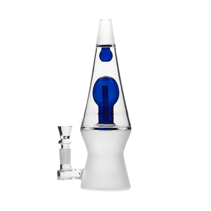 Blue-accent 10.5″ Hemper That 70’s XL glass bong side view showing lava-lamp shape and stemless joint