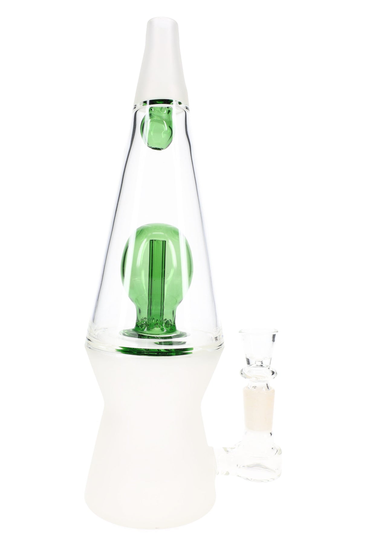 Green-accent Hemper That 70’s XL glass bong front view with frosted base and 14.5 mm bowl, 10.5″ tall