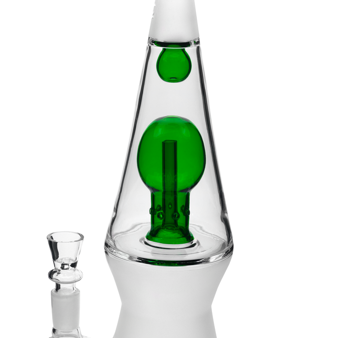 Close-up of green inner chamber and frosted base on Hemper That 70’s XL bong, double-perc detail view