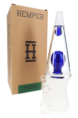 Hemper retail box beside blue-accent That 70’s XL glass bong with bowl installed, stemless 10.5″ setup