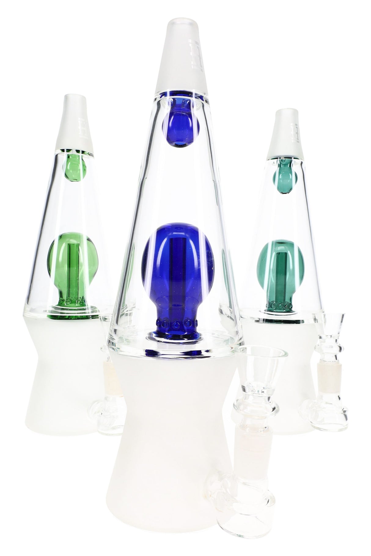 Three Hemper That 70’s XL glass bongs grouped in teal, blue, and green accents for color comparison display