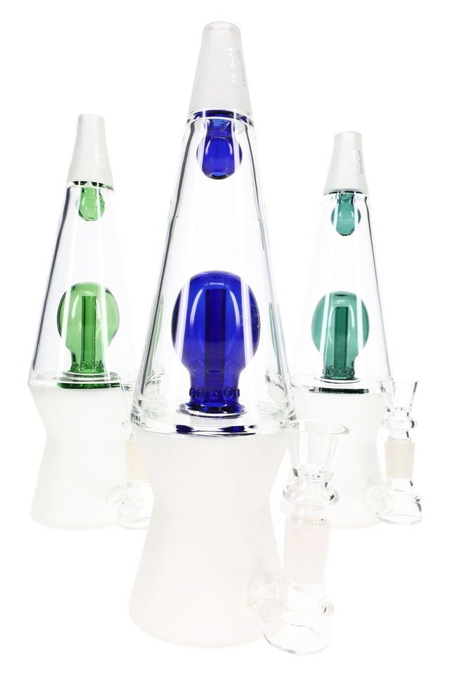 Three Hemper That 70’s XL glass bongs grouped in teal, blue, and green accents for color comparison display