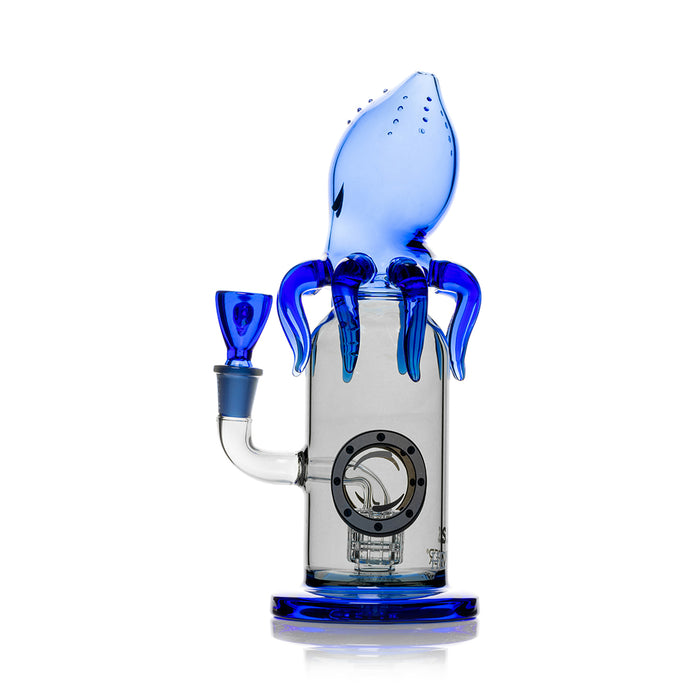 Side profile Kraken XL glass bong with 14.5 mm bowl installed, blue kraken top and stemless snorkel-style joint