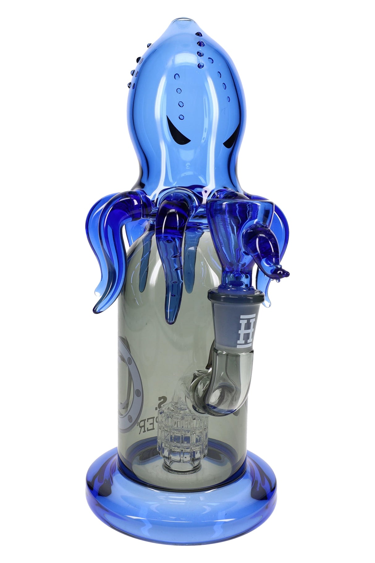 Front view 9.5″ Hemper Kraken XL glass bong with blue tentacles and matrix perc, stemless 14.5 mm joint