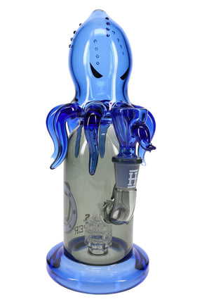Front view 9.5″ Hemper Kraken XL glass bong with blue tentacles and matrix perc, stemless 14.5 mm joint