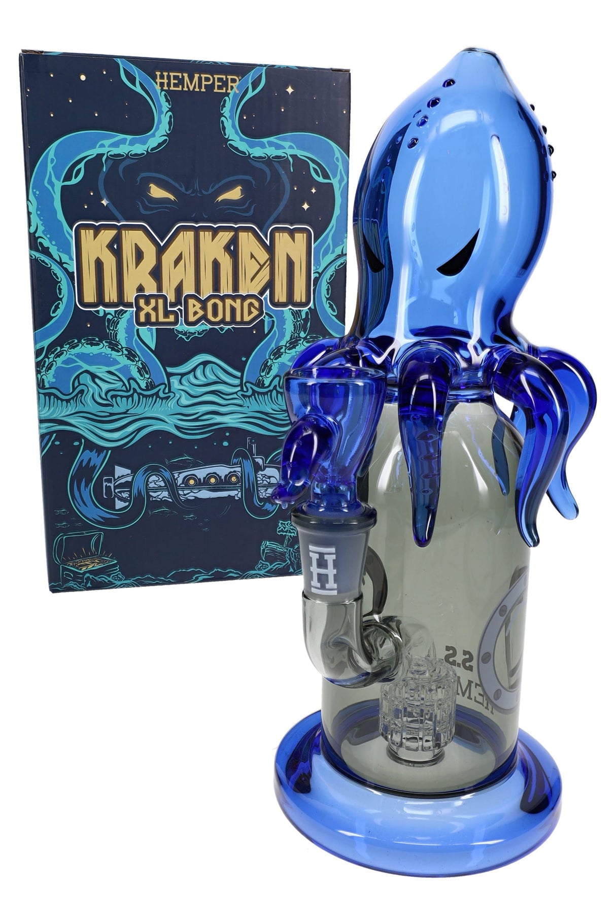 Boxed Hemper Kraken XL glass bong set, 9.5″ with blue kraken top and smoked base, bowl included