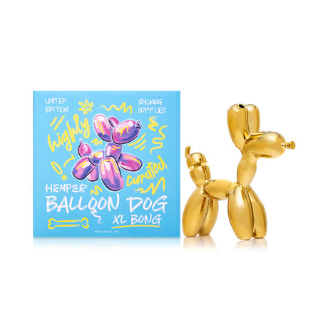 Gold balloon dog glass bong posed beside Hemper box, reflective gold finish with 14.5 mm bowl included