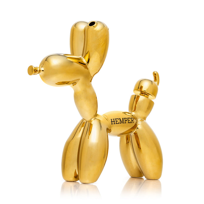 Side view gold balloon dog bong with HEMPER logo on body, shiny gold finish and compact 7.5″ footprint